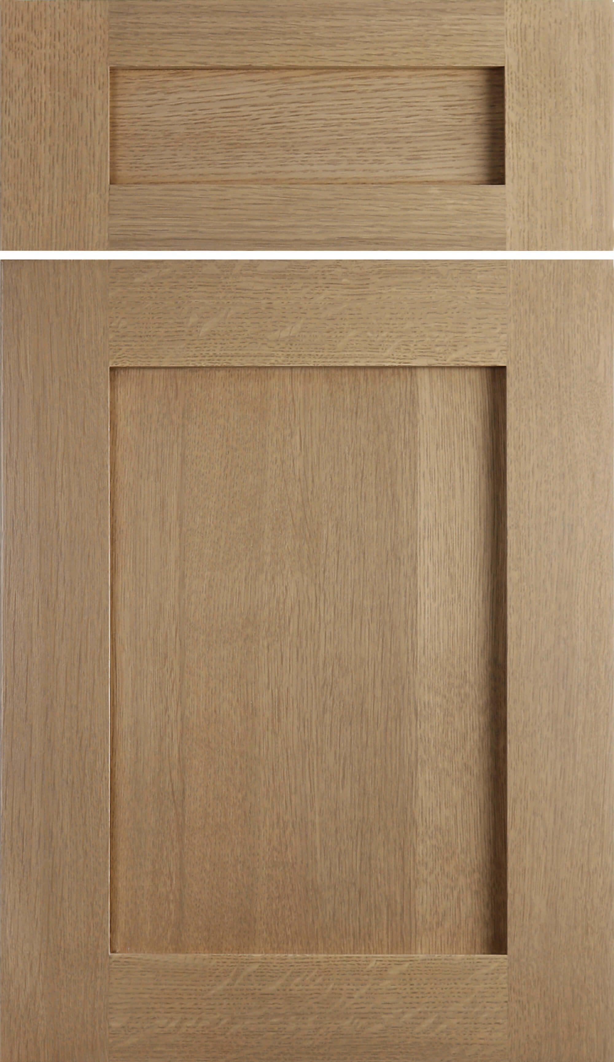 Shaker cabinet door and drawer front in stained oak, with square frames around recessed panels